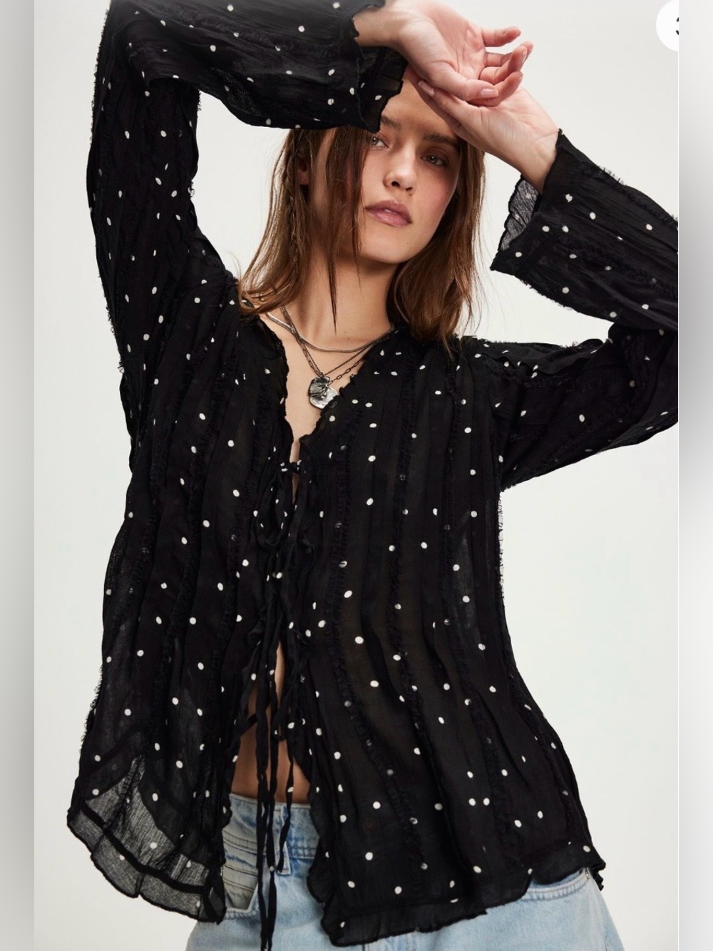 Black Polka Dot Tie-Front Blouse